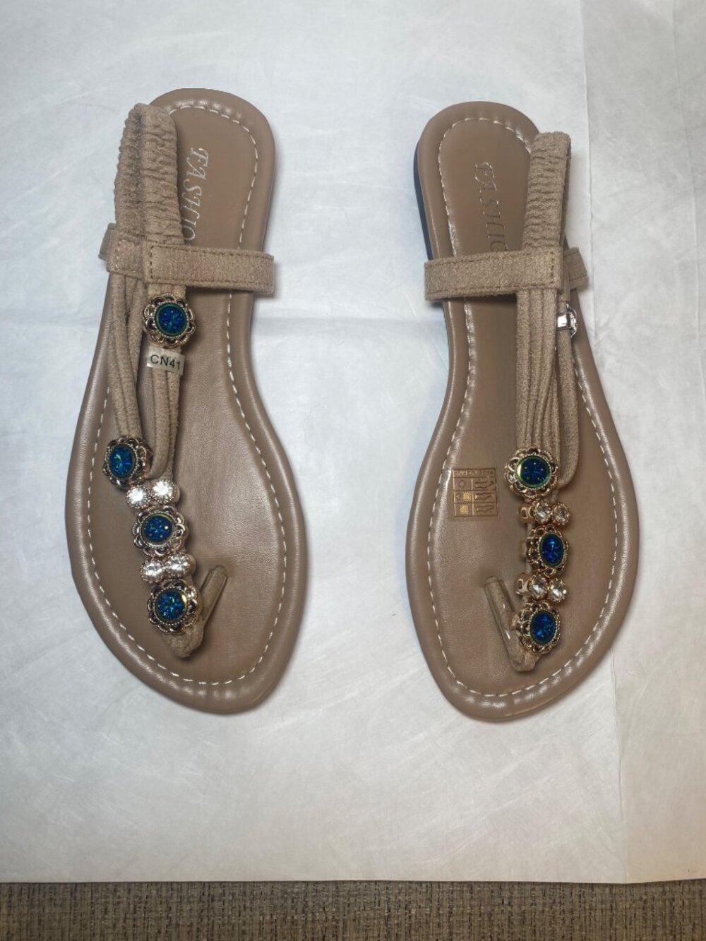 Jeweled Blue Opal T-Strap Sandals Tan Size size 8.5